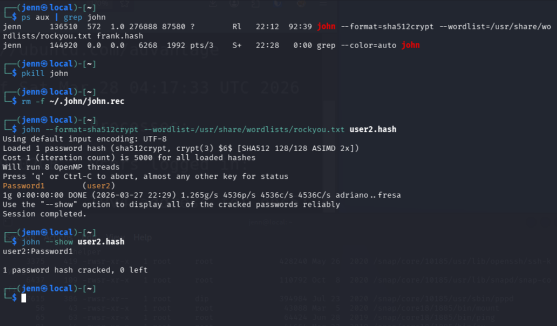 user2 pivot confirmed, flag3.txt still root-only